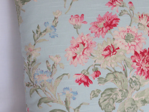 Sky Blue and Pink Floral Pillow Cover,  Duralee Cotton Print