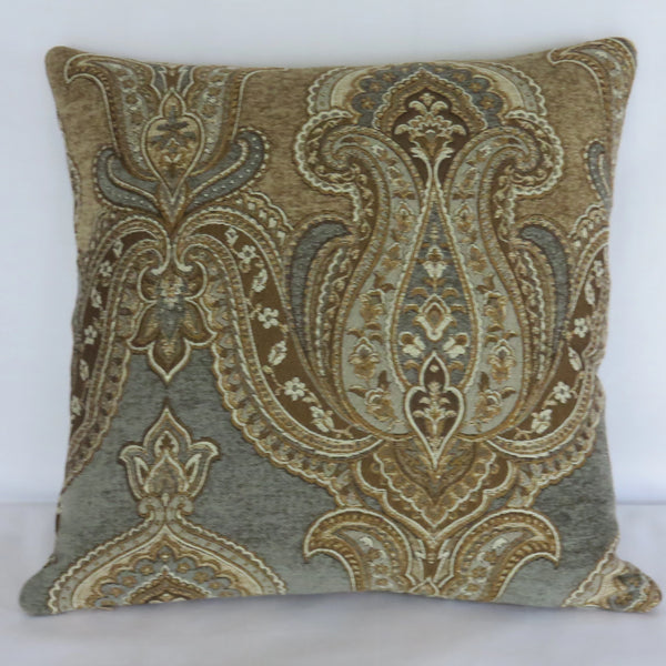 blue grey and tan paisley medallion pillow cover