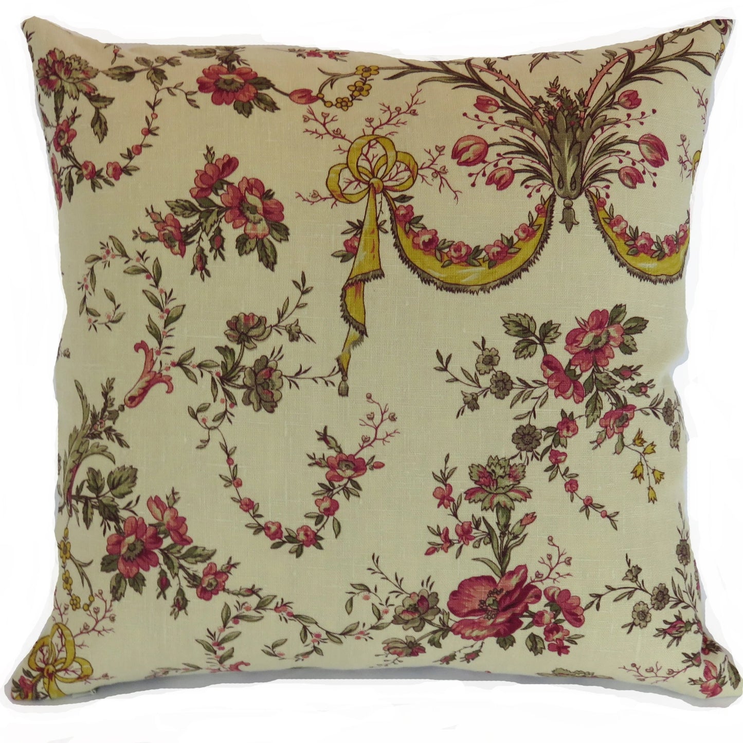 tan linen floral pillow cover with red roses