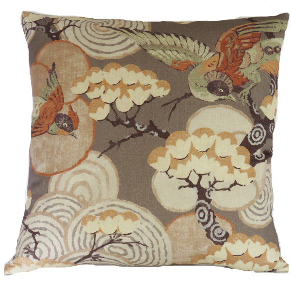 Asian bird print pillow cover in taupe and orange tones