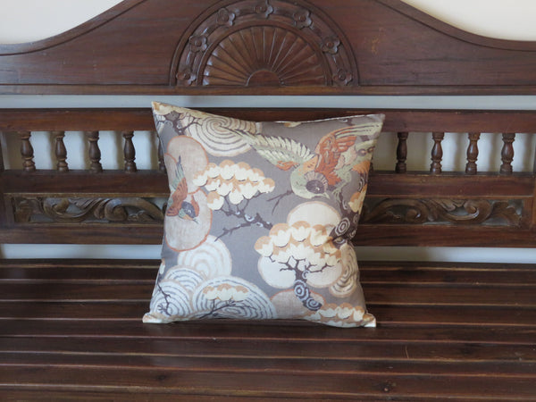 Asian bird print pillow cover in taupe and orange tones