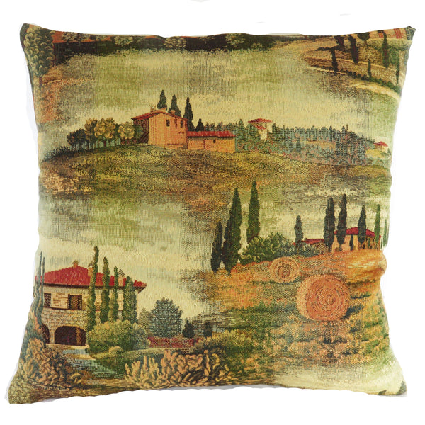 Tuscany Scenic Tapestry Pillow Cover in Green, Gold, and Rust Tones