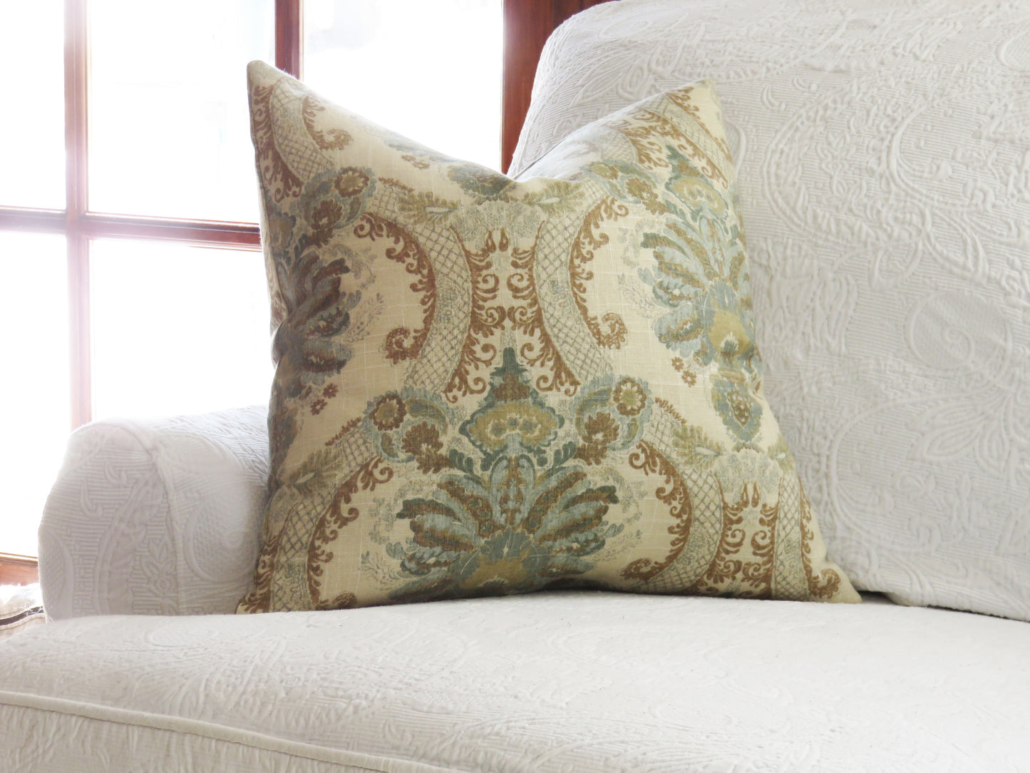 teal and gold damask pillow cover