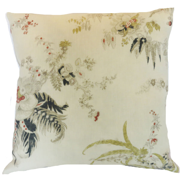 Soft White Acquitaine Floral Pillow Cover, English Linen Print With Indigo, Rose Red